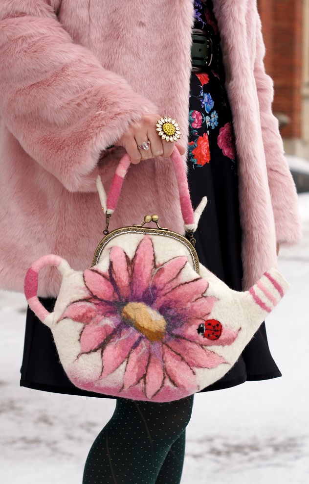 Winnipeg Style fashion, Chicwish baby pink marshmallow faux fur coat, Chicwish black floral love sleeveless dress, Etsy wool teapot bag, Miss L Fire green Elizabeth vintage inspired buckle boots shoes